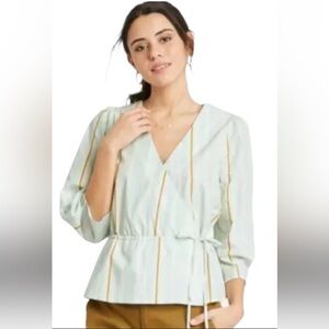 a new day Multicolor Striped Wrap 3/4 Sleeve Blouse With Drawstring Waist